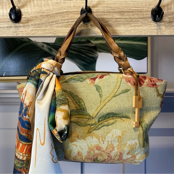 VTG Y2K FOSSIL handBag Plants Floral Leather Key Charm Boho with scarf - Picture 15 of 16